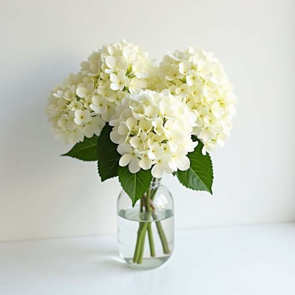 White hydrangea bouquet in a clear glass vase
