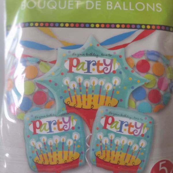 Package of birthday balloon bouquet with party-themed balloons