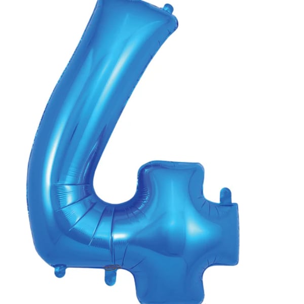 Blue foil balloon shaped like the number 4
