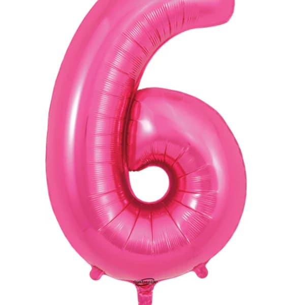 Pink number 6 foil balloon on a white background
