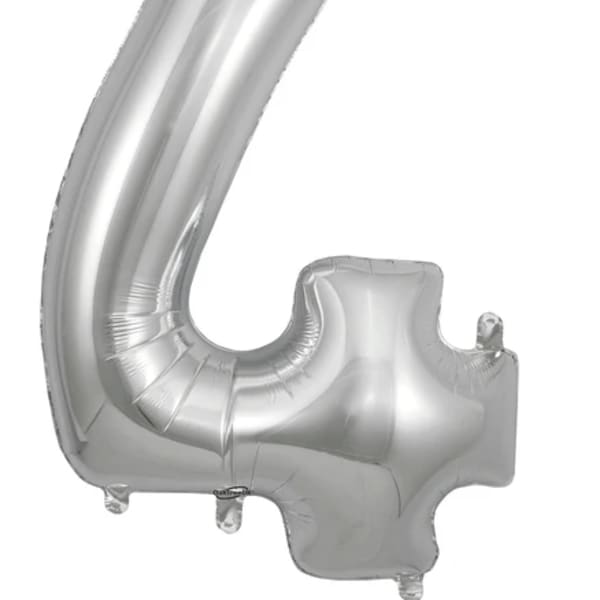 Silver foil balloon shaped like the number 4