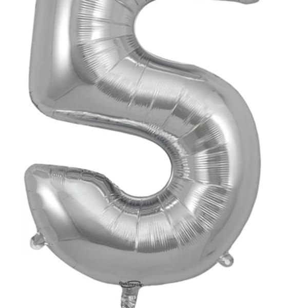 Silver foil balloon shaped like the number 5