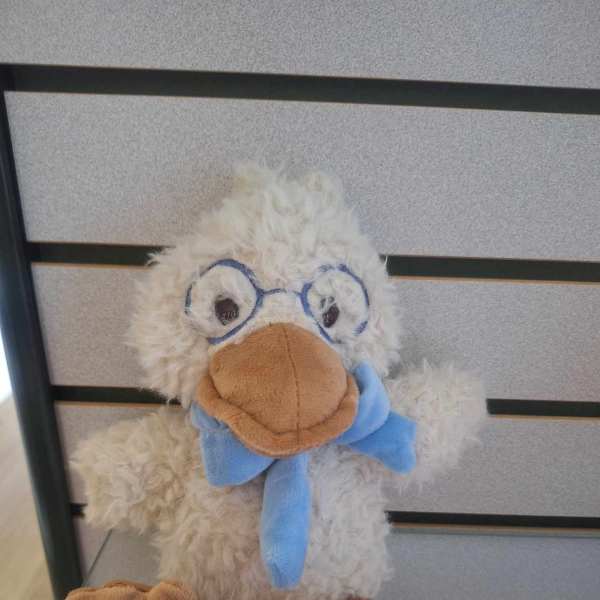Plush duck toy with fuzzy cream fur, blue scarf, and fabric glasses on a display shelf