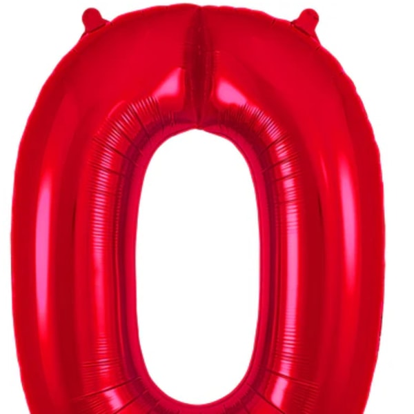 Red metallic balloon shaped like the number 0