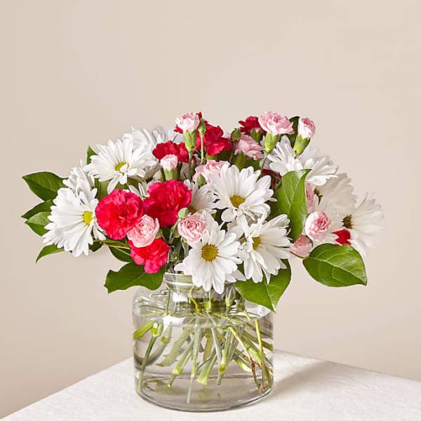 Pink carnations and white daisies in a clear glass vase