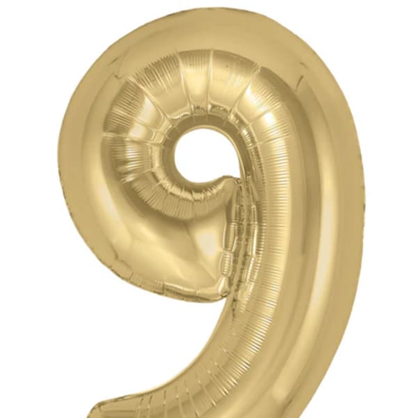 Gold number 9 foil balloon on a white background