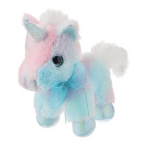 Pastel plush unicorn with a blue ribbon bow