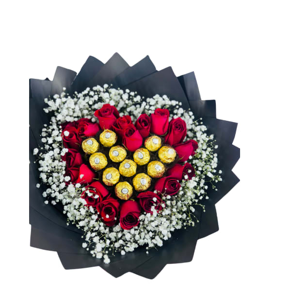 Bouquet of red roses, gold-wrapped chocolates, and white filler flowers in black wrap