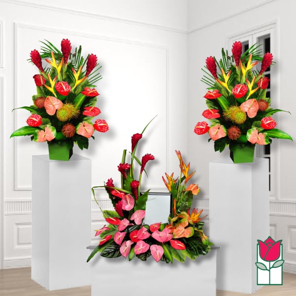 Tropical floral arrangements with red, pink, and orange blooms on white pedestals