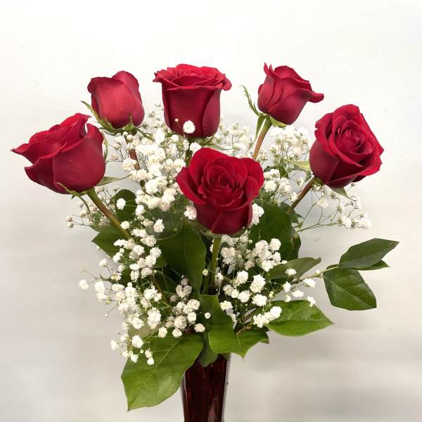 Red roses arranged in a burgundy vase with white baby's breath
