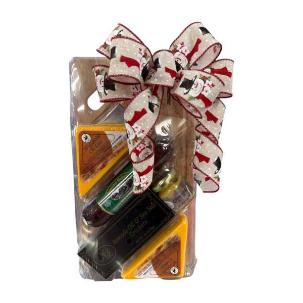Gift basket with cheese, jam, and crackers tied with a holiday bow