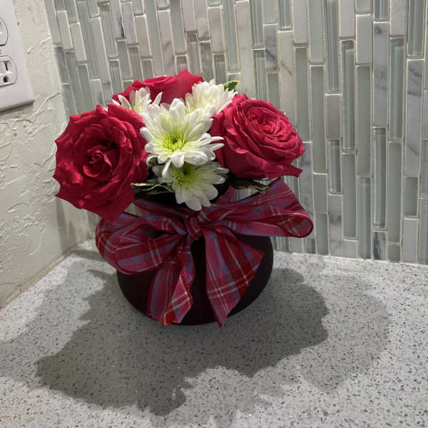 Pink roses and white daisies in a black vase with a plaid bow
