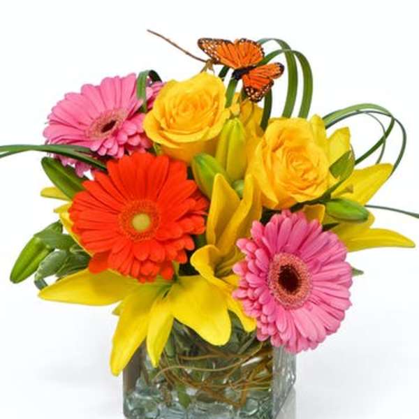 Bright mixed bouquet in a square glass vase with pink and orange daisies and yellow roses