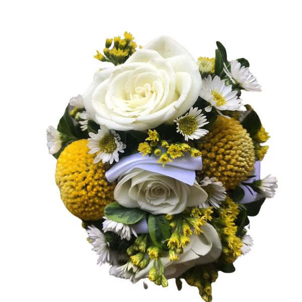 White roses with small white daisies and yellow filler flowers