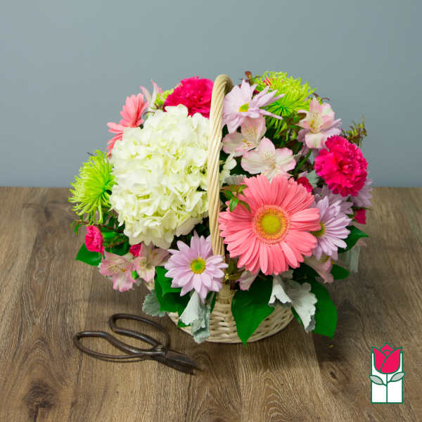 Basket of pink and white flowers with a pair of scissors beside it