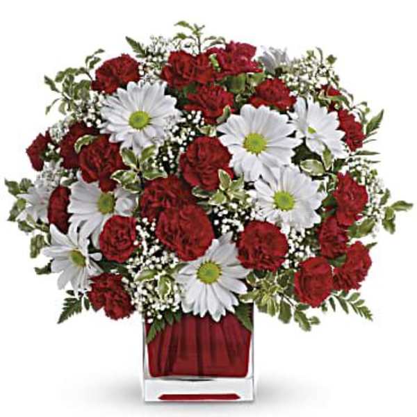 Red carnations and white daisies in a clear square vase