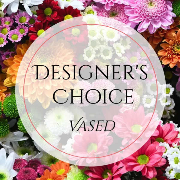 Designer’s choice vased arrangement with colorful daisies and chrysanthemums