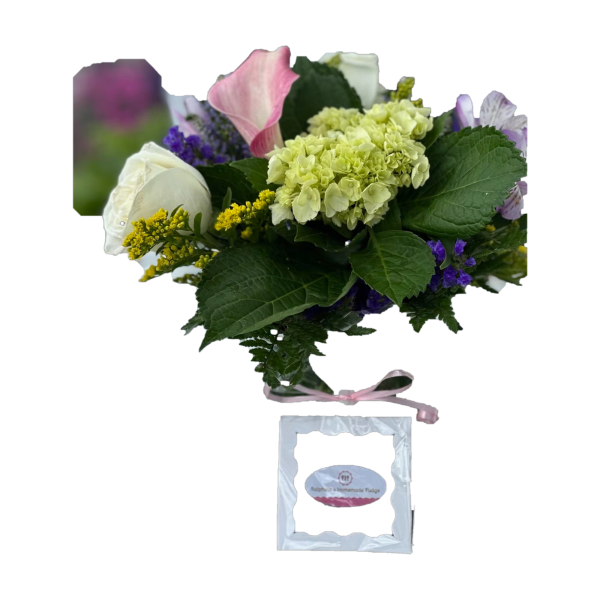 Mixed bouquet with hydrangea, roses, and calla lilies, plus a boxed fudge gift