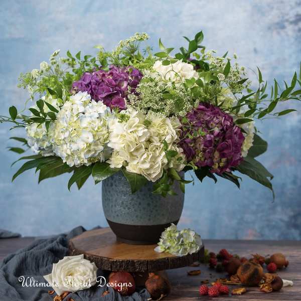 Hydrangea arrangement in a ceramic vase with white and purple blooms