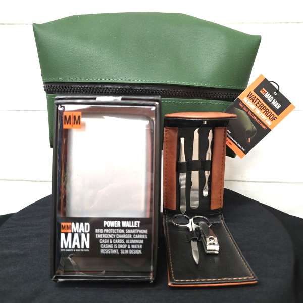 Men's grooming gift set with green toiletry bag, power wallet, and manicure kit in leather case