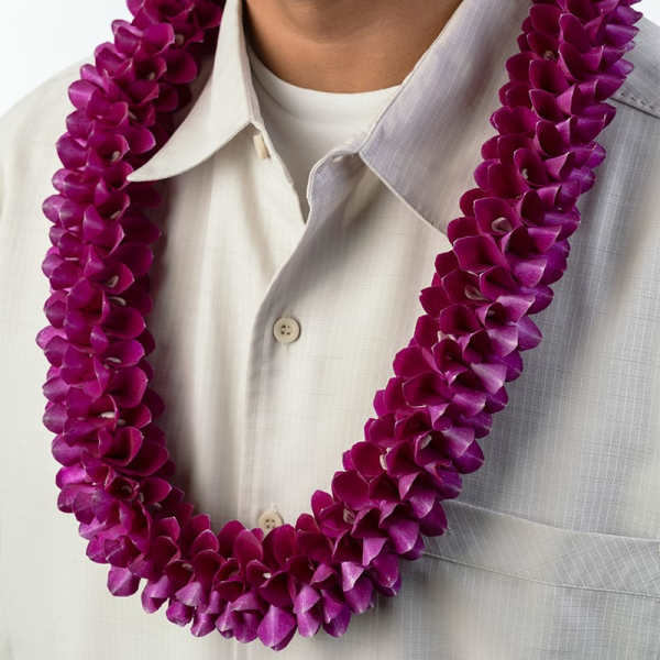 Purple orchid lei worn around the neck over a light button-up shirt
