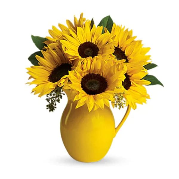 Yellow sunflowers arranged in a yellow pitcher vase