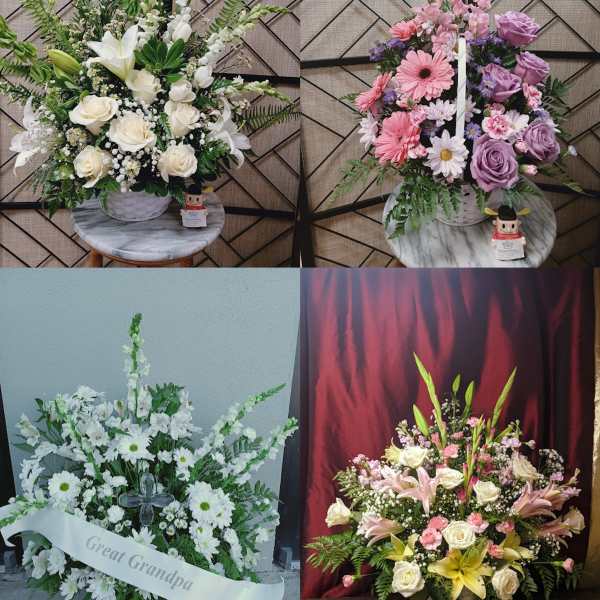 Four floral arrangements in baskets and vases, including white, pink, purple, and mixed blooms