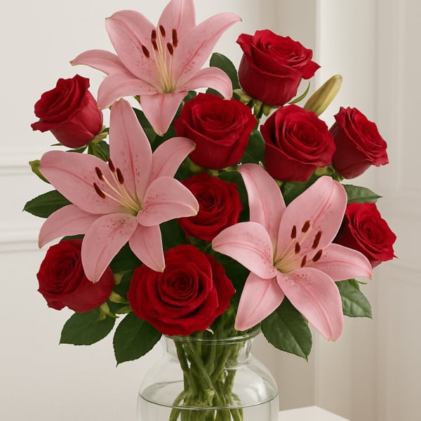 Bouquet of red roses and pink lilies in a clear glass vase