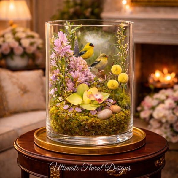 Glass cylinder with pastel flowers, moss, and bird figurines
