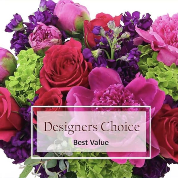 Mixed bouquet of pink, red, purple, and green flowers