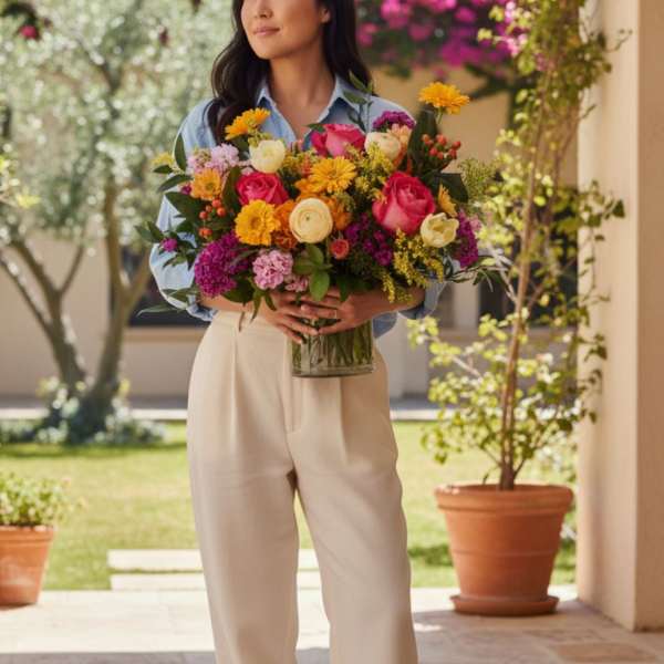 Woman holding a large mixed bouquet of bright roses and daisies in a clear glass vase