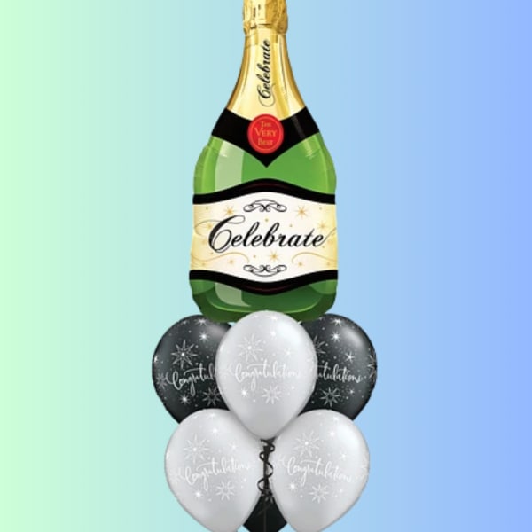 Champagne bottle balloon bouquet with black and white balloons