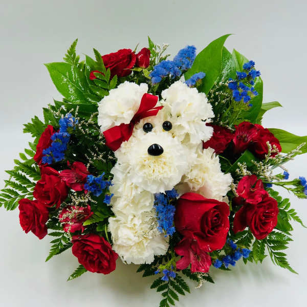 Dog-shaped floral arrangement with red roses and white carnations