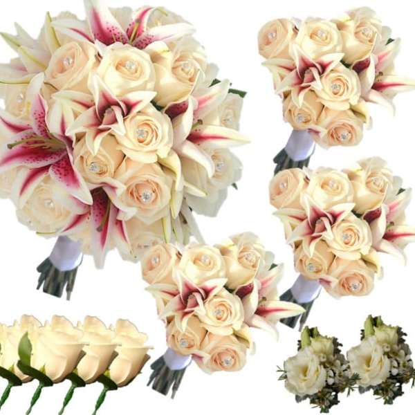 Wedding bouquets with cream roses and pink lilies, plus matching boutonnieres