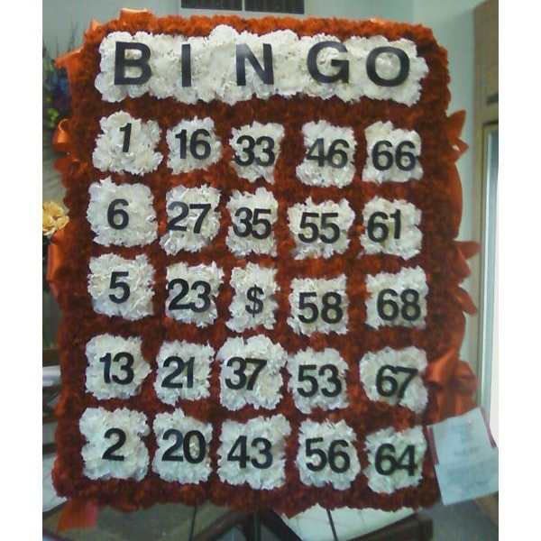 Floral bingo board with white flower squares and black numbers on an orange-red background