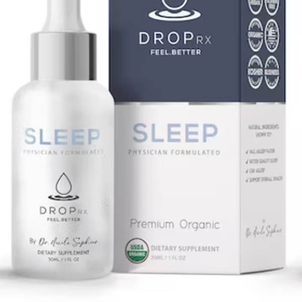 A dropper bottle and matching box labeled Sleep.