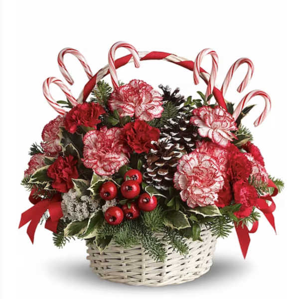 Christmas basket arrangement with red carnations and candy canes