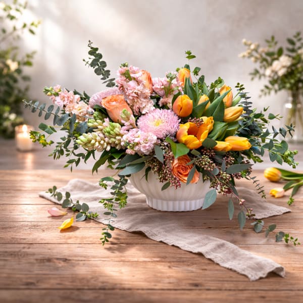 Mixed bouquet in a white bowl vase with pink and yellow flowers