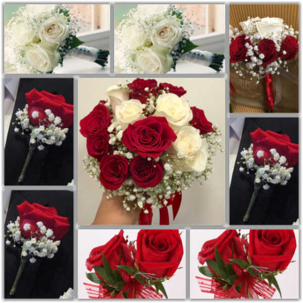 Collage of red and white rose bouquets and boutonnieres with baby's breath