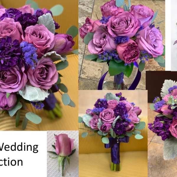 Purple rose wedding bouquets with ribbon and silver foliage