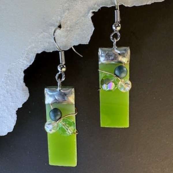 #A071 - Kiwi Green Stained Glass Earrings