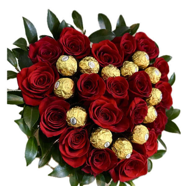 Heart-shaped bouquet of red roses with gold-wrapped chocolates
