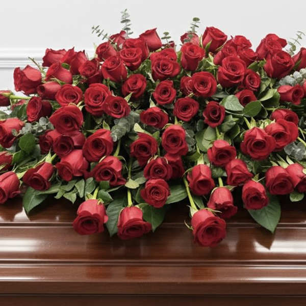 Large red rose casket spray on a wooden casket