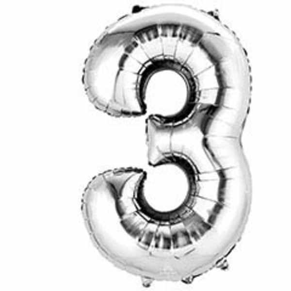 Silver number 3 foil balloon on a white background