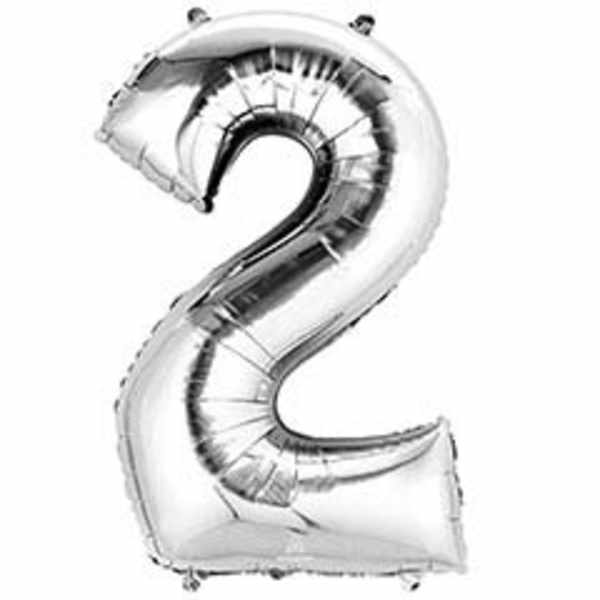 Silver foil balloon shaped like the number 2