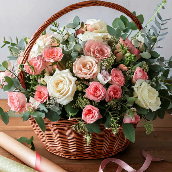 Basket of pink and white roses with greenery and ribbon on a table