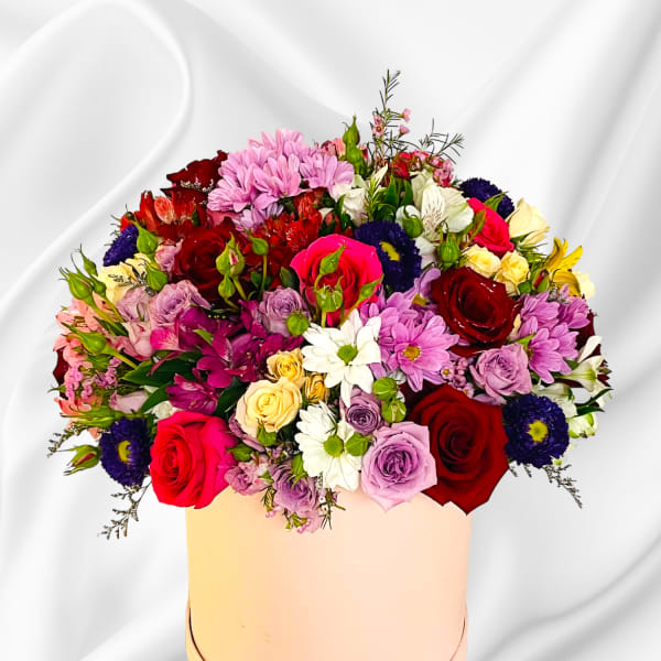 Mixed bouquet of roses, daisies, and alstroemeria in a round box