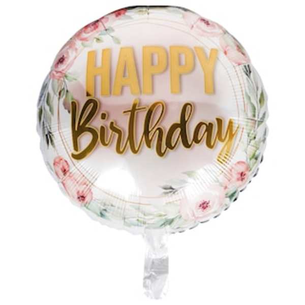 Round birthday balloon with floral border and gold text