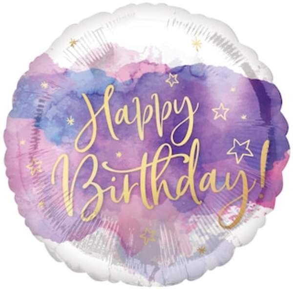 Round balloon with "Happy Birthday" text in purple and pink