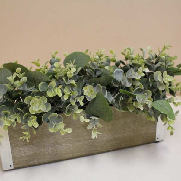 Rectangular planter filled with dense green foliage and eucalyptus-like leaves